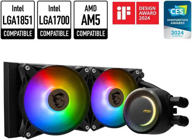 Main image of MSI MAG CoreLiquid E240 Black - AIO ARGB CPU Liquid Cooler - Rotating Cap Design - 240mm Radiator - Dual 120mm ARGB PWM Fans - LGA 1851,1700 Ready / AM5 Compatible